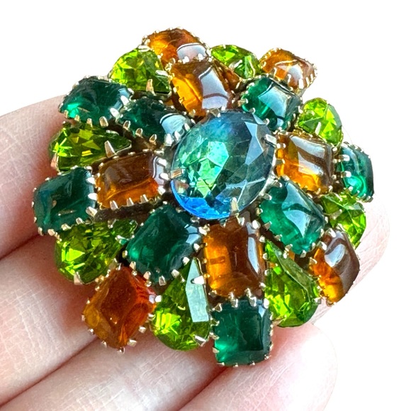 Vintage C1960s Crystal green amber brooch LG Juliana ? - Picture 7 of 13